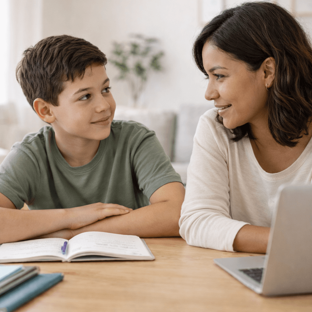 Woman and child sitting at a table with a laptop and notebook, smiling and looking at each other.
