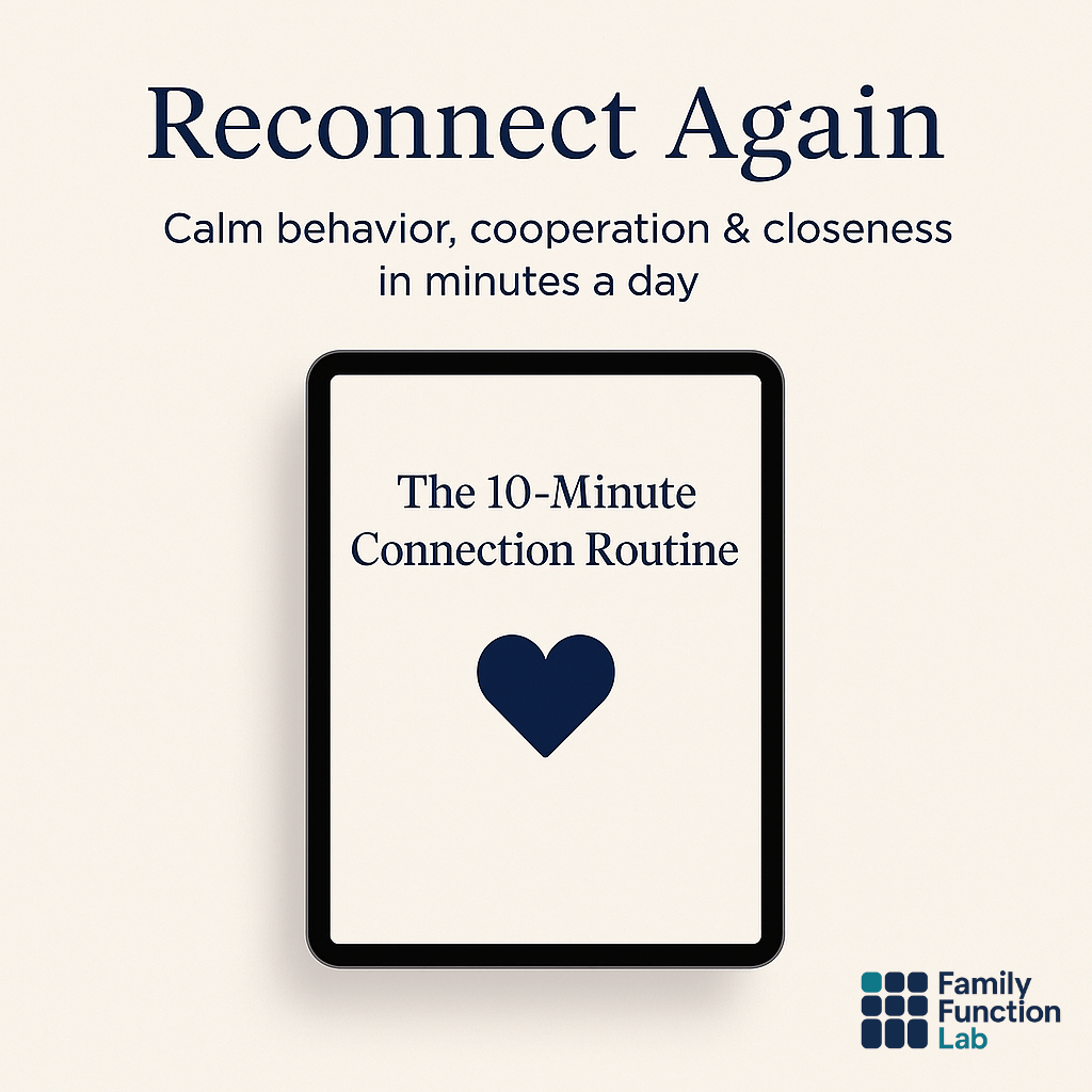 Reconnect Again digital parenting training cover featuring a centered tablet with the title ‘The 10-Minute Connection Routine’ and a navy heart icon on a soft beige background.