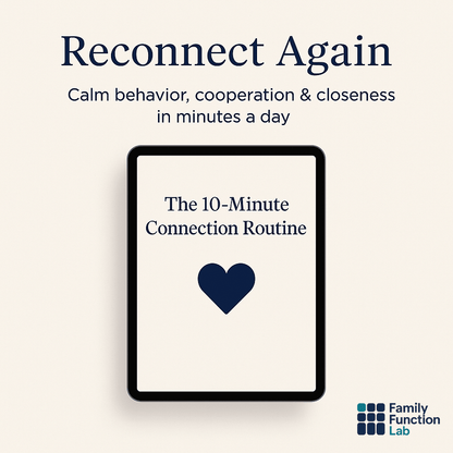 Reconnect Again digital parenting training cover featuring a centered tablet with the title ‘The 10-Minute Connection Routine’ and a navy heart icon on a soft beige background.