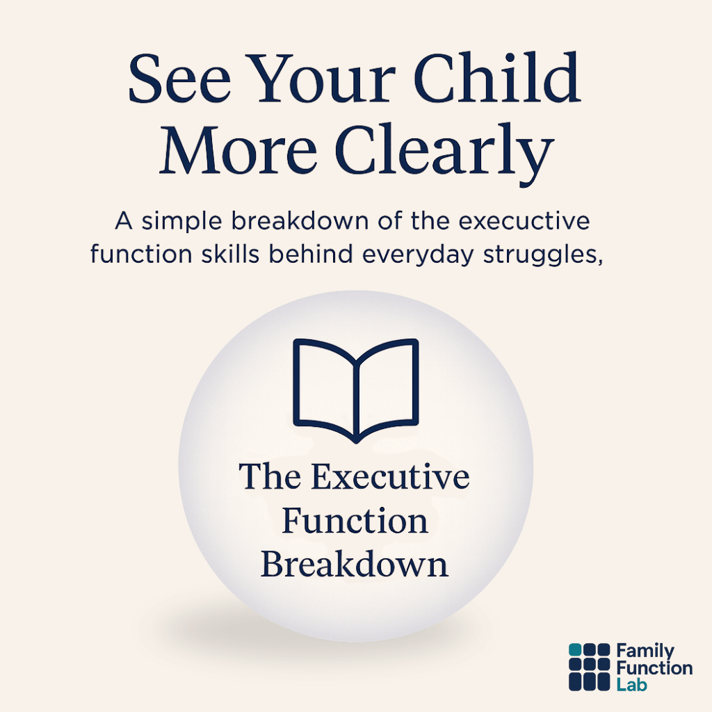 Promotional graphic for 'See Your Child More Clearly' with a book icon and text about executive function skills.