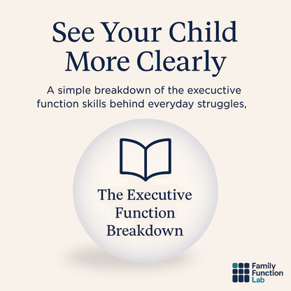 Promotional graphic for 'See Your Child More Clearly' with a book icon and text about executive function skills.