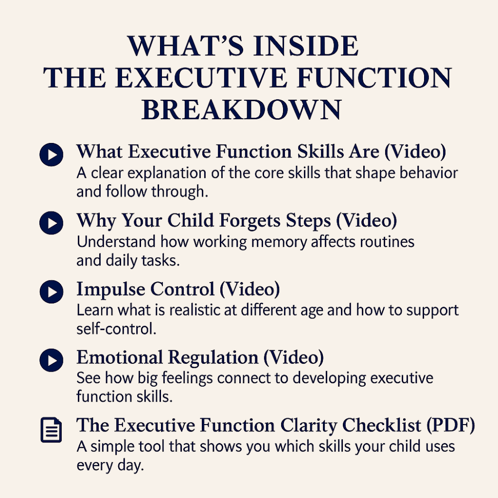 List of executive function topics with video and PDF resources on a white background