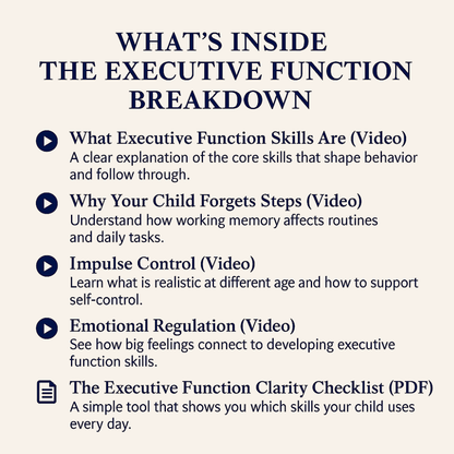 List of executive function topics with video and PDF resources on a white background